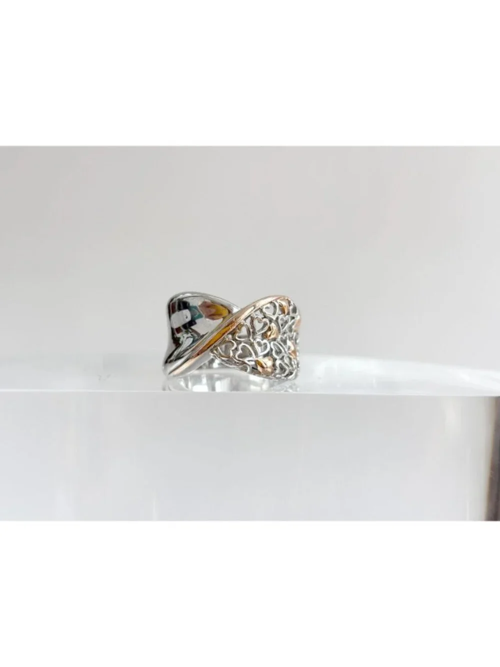 Dual Toned Gold Overlay Heart Crossover Sterling Silver 925 Vintage Ring sz 7.25